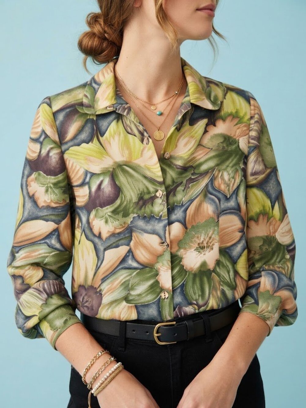 Vintage Abstract Fall Floral Long Sleeve Button Down Shirt